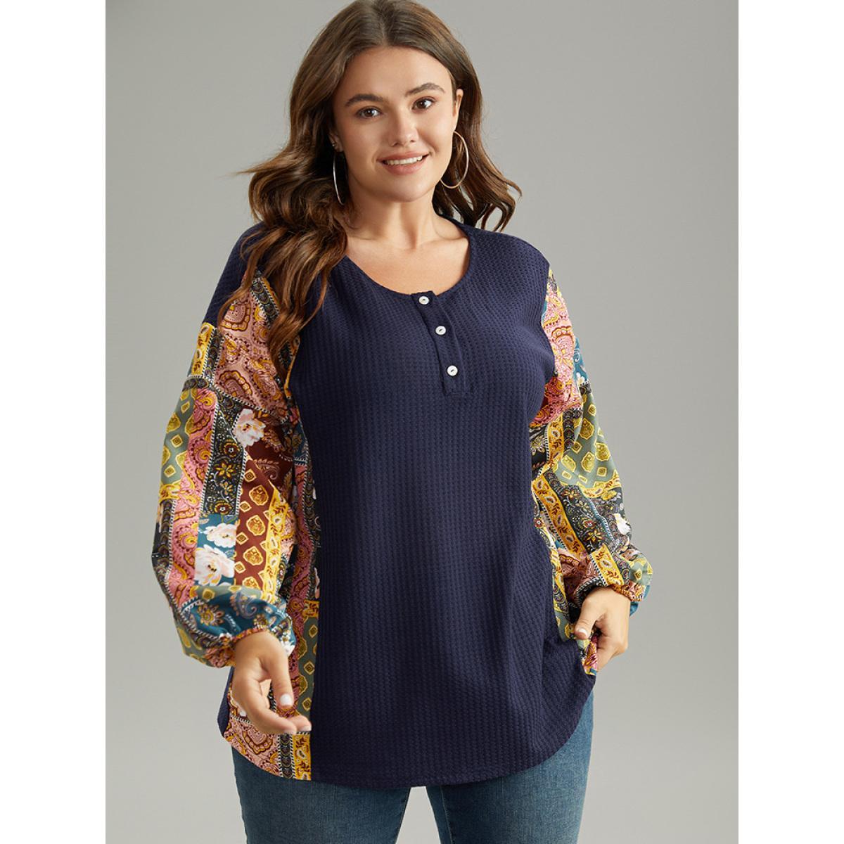 Plus Size Boho Print Button Up Patchwork Lantern Sleeve Sweatshirt DarkBlue Women Casual Elastic cuffs Bohemian Print Open Front Dailywear T-shirts BloomChic 12/L Product Image