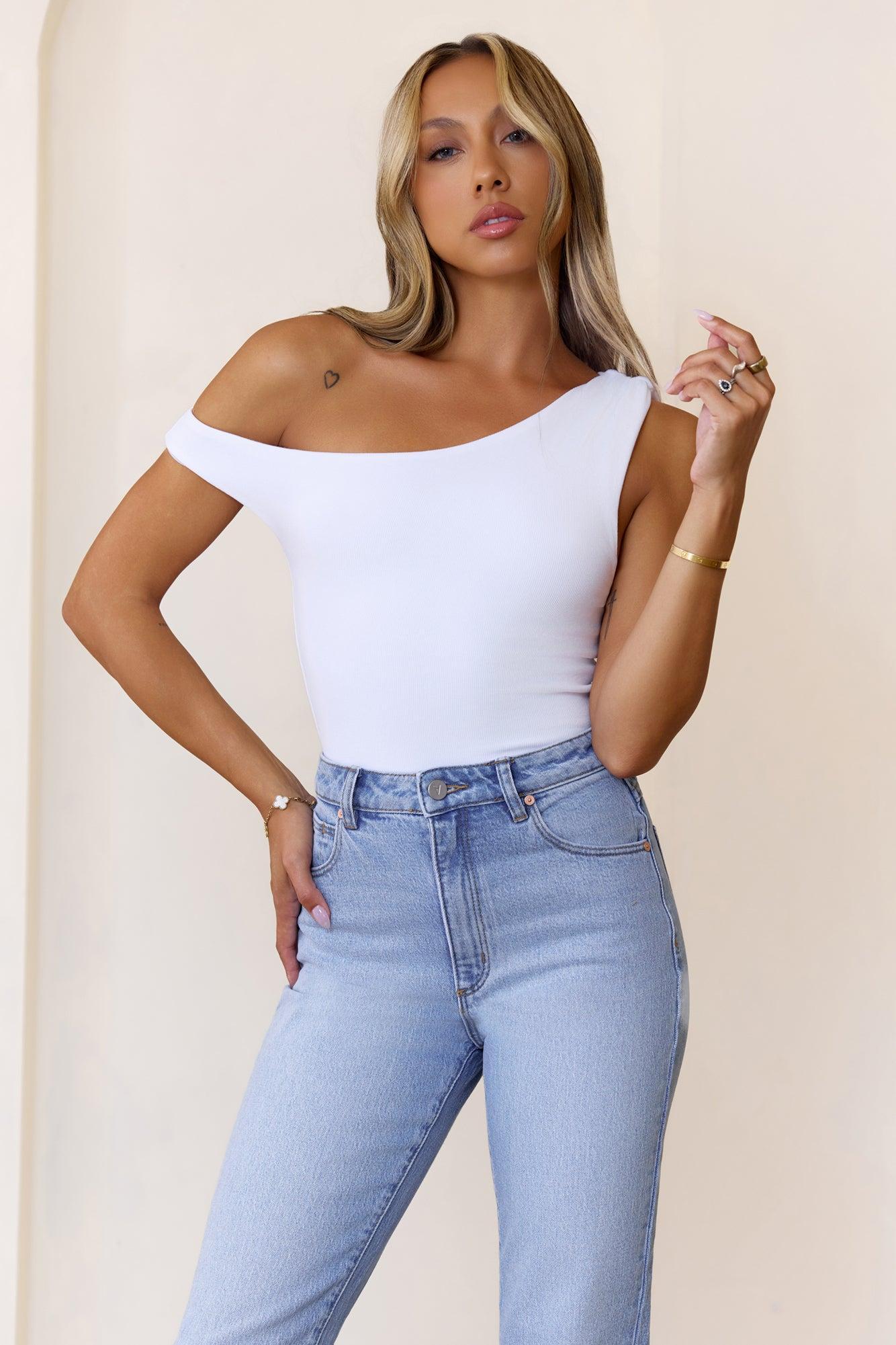 BASE Luxe Rib Luxe Line Off Shoulder Top White Product Image