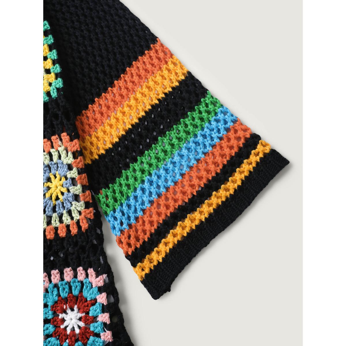 Plus Size Colorful Floral Crochet Tie Knit Cardigan Black Women Loose Long Sleeve Vacation Cardigans BloomChic 10/M Product Image