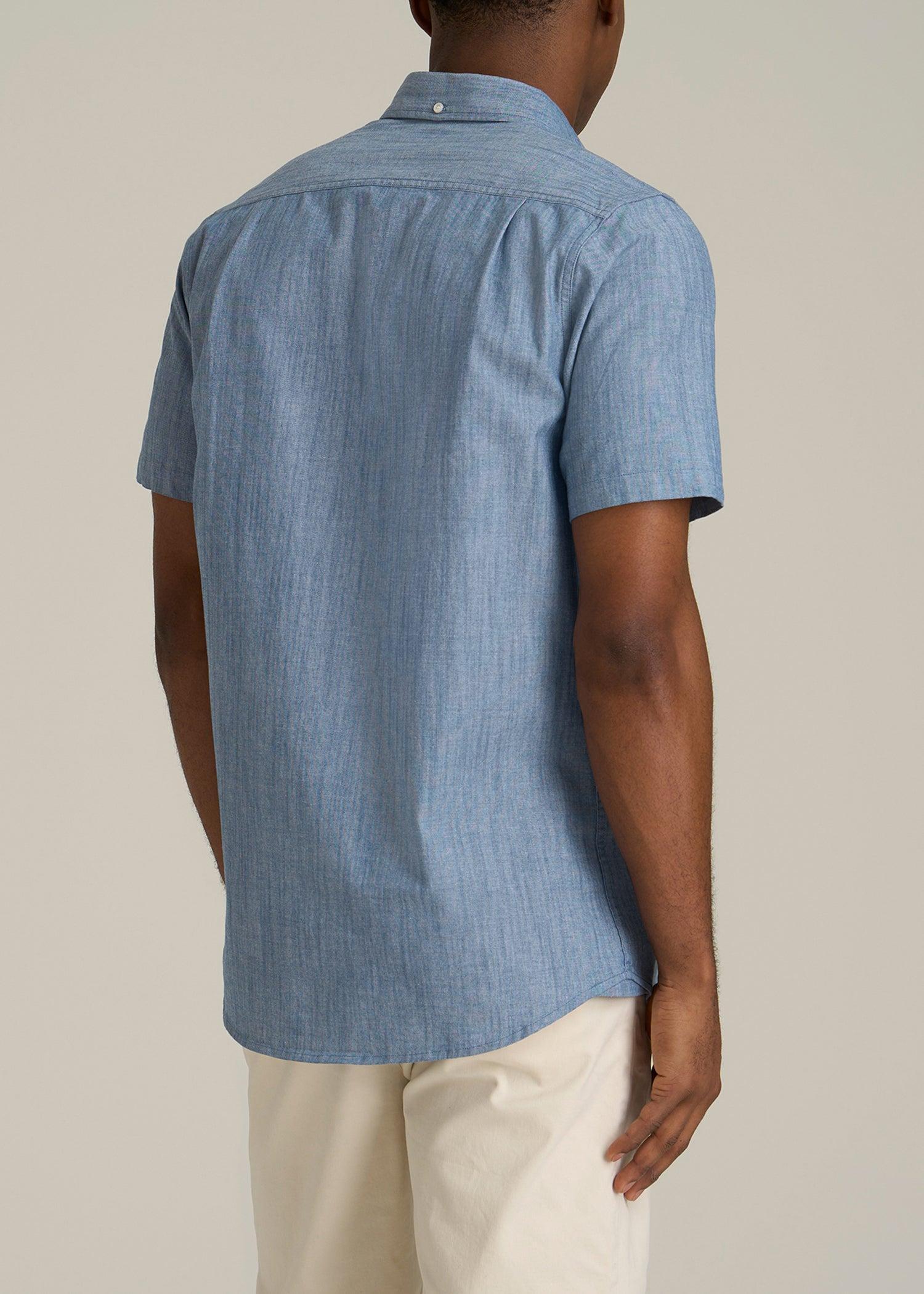 Short Sleeve Stretch Chambray Shirt for Tall Men in Medium Blue Chambray Product Image