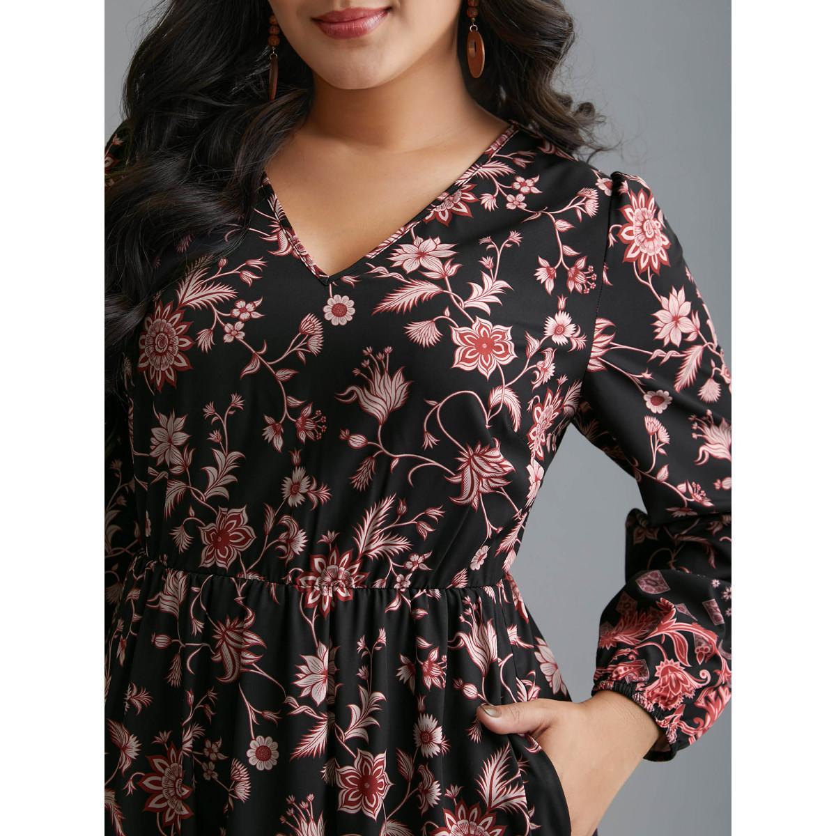 Plus Size Floral Elastic Waist V-Neck Midi Dress BlackFlower Women Resort Non V-neck Long Sleeve Curvy BloomChic 18-20/2X Product Image