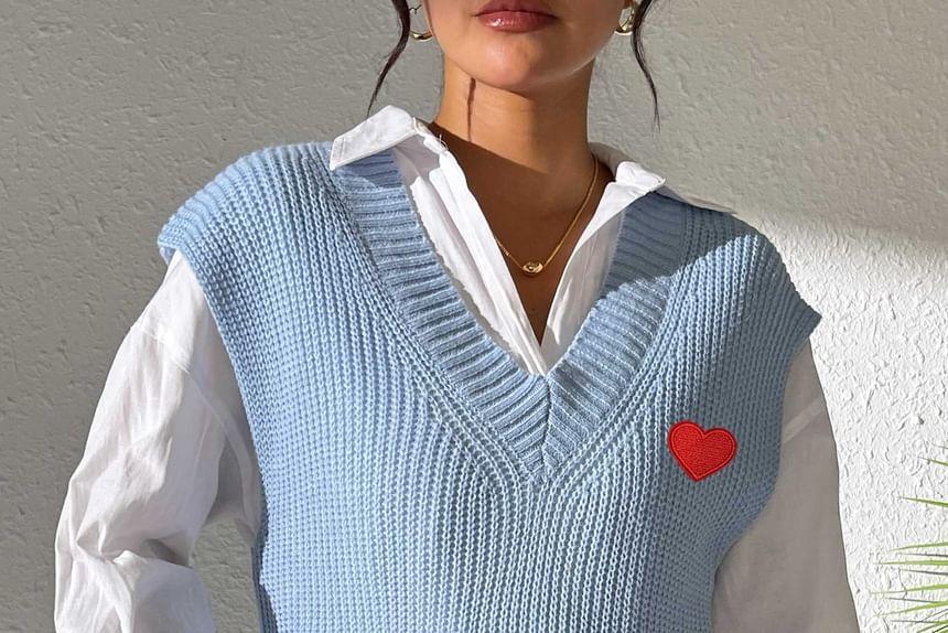 V-Neck Heart Embroidered Sweater Vest Product Image