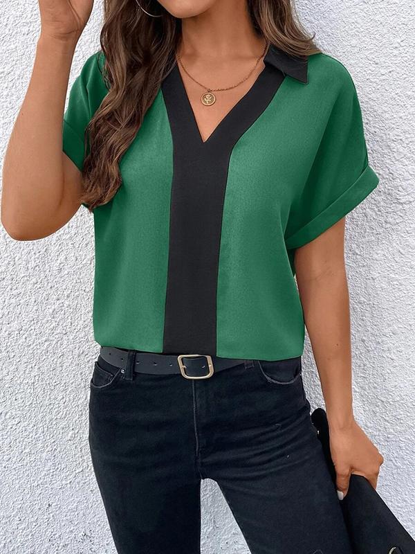 Loose Short Sleeves Contrast Color V-Neck T-Shirts Tops Product Image