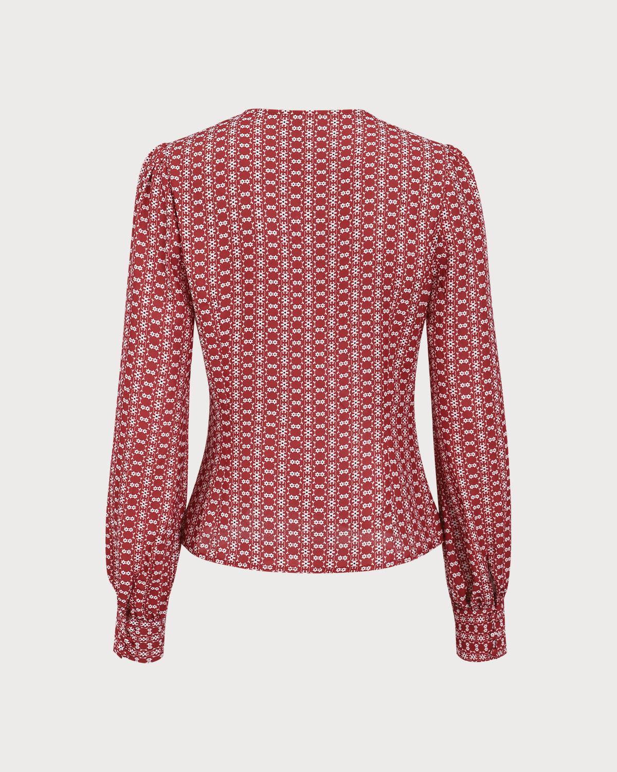 Red Floral V Neck Blouse Product Image