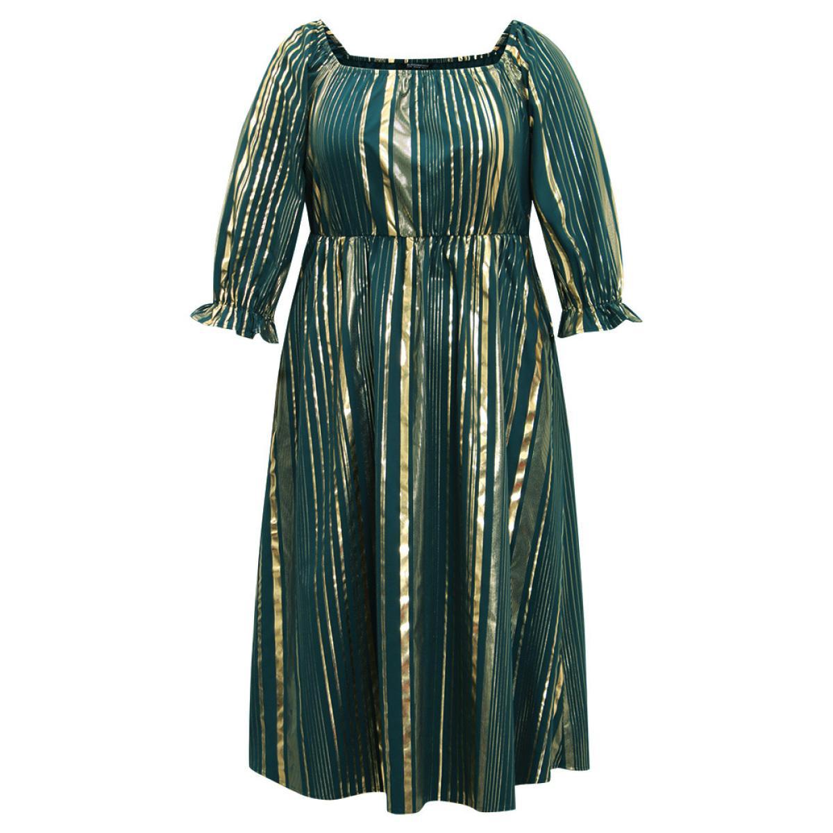 Plus Size Glitter Square Neck Pocket Elastic Waist Dress Cyan Women Party Gathered Square Neck Elbow-length sleeve Curvy Midi Dress BloomChic 26/4X Product Image
