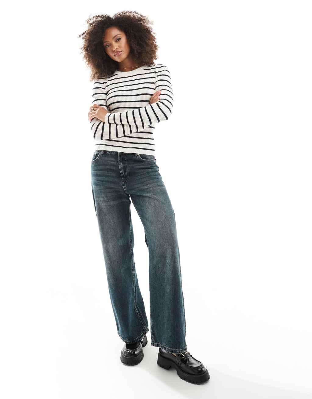 ONLY long sleeve crew neck knit top in beige with navy stripes Product Image