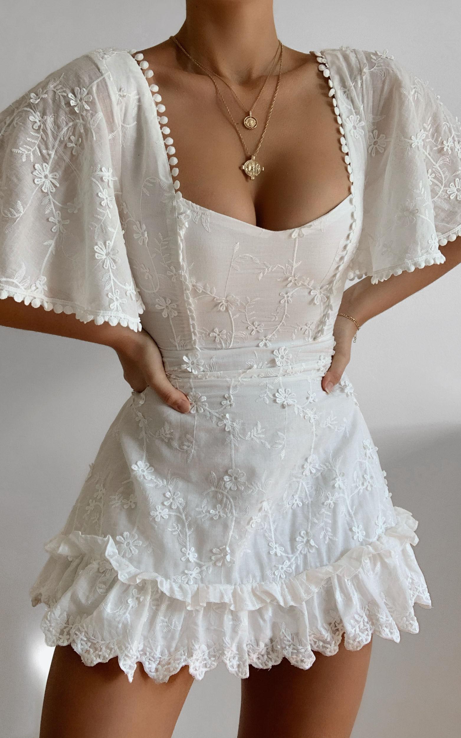 Fancy A Spritz Mini Dress - Square Neck Dress in White Embroidery Product Image