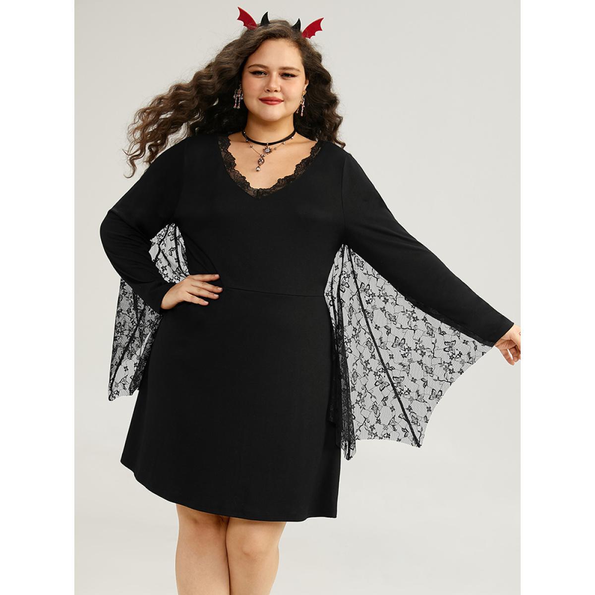 Plus Size Halloween Plain Contrast Lace Flutter Hem Dress DarkGreen Women Casual See through V-neck Long Sleeve Curvy Knee Dress BloomChic 26/4X Product Image