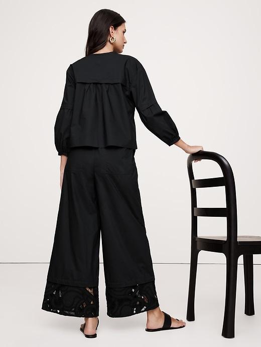 High-Rise Wide-Leg Embroidered Cotton Poplin Cropped Pull-On Pant Product Image
