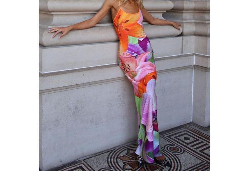 Spaghetti Strap Graphic Print Midi Bodycon Dress Product Image