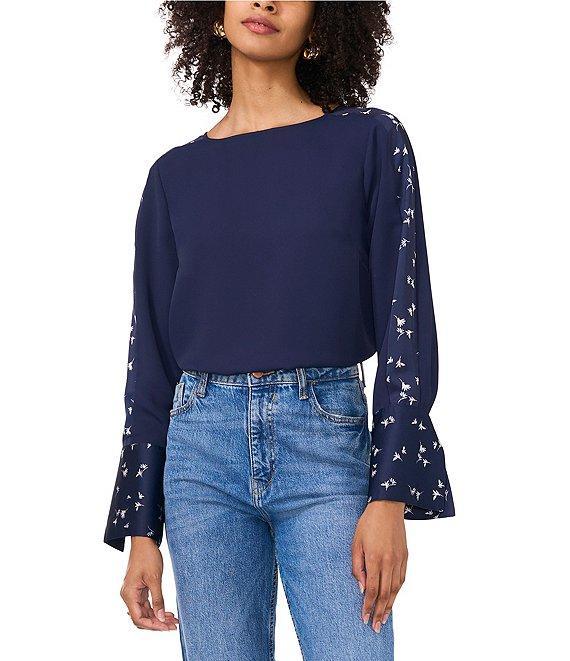 Vince Camuto Crew Neck Long Floral Sleeve Split Button Cuff Blouse Product Image