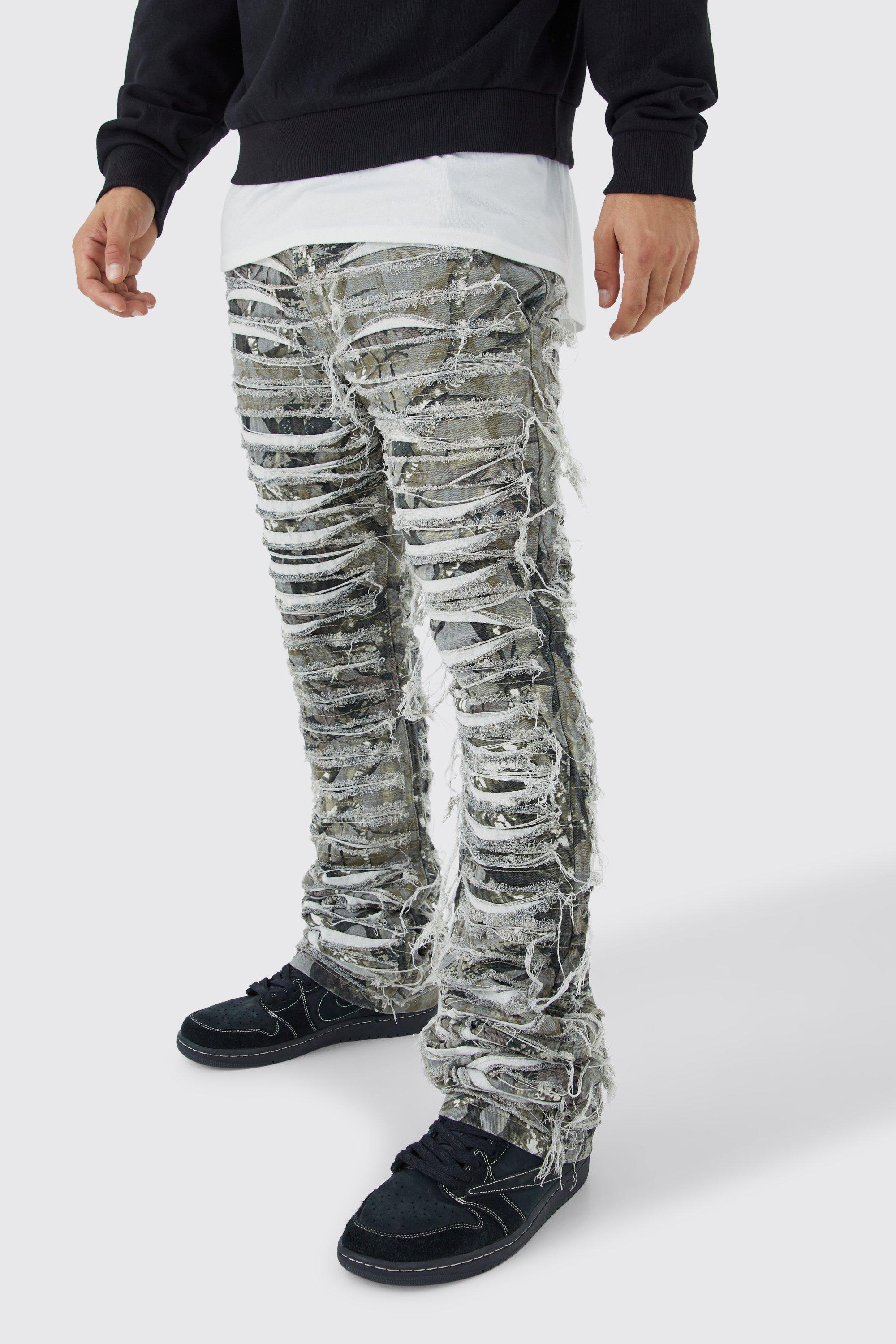 Slim Stacked Flare Heavily Distressed Camo Pants | boohooMAN USA Product Image