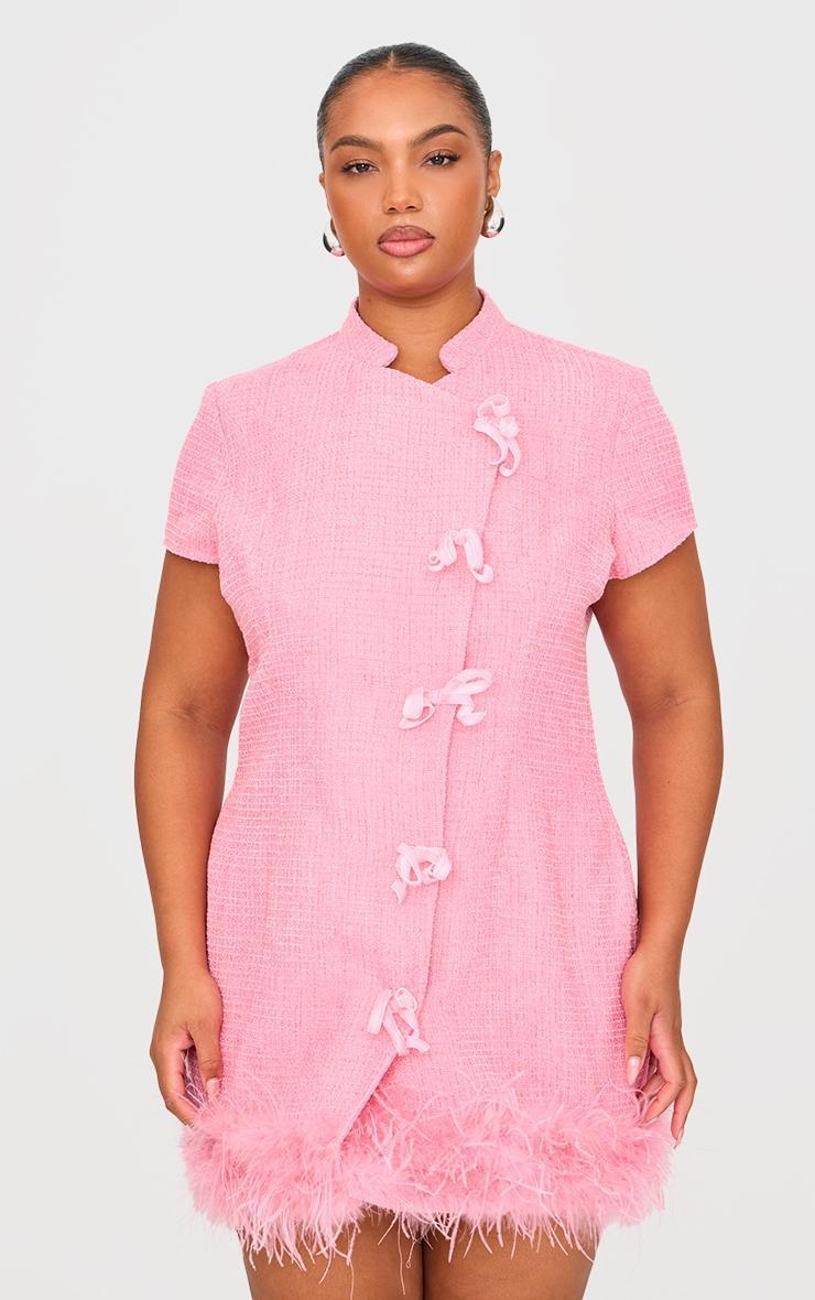Plus Pink Glitter Boucle Feather Trim Mini Dress Product Image