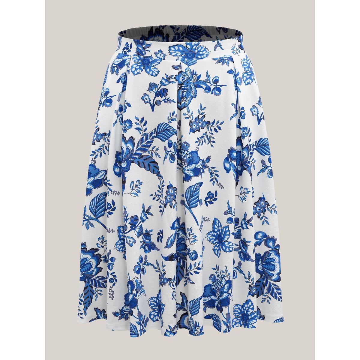 Plus Size Floral Print Flared Midi Skirt Women LightBlue Elegant Contrast Bodycon Low stretch Side seam pocket Everyday-Elegant Skirts BloomChic 30/6X Product Image