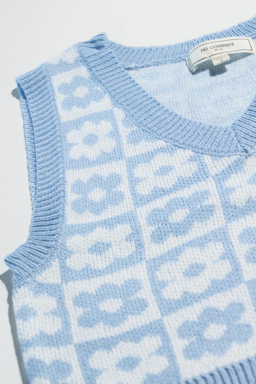 Powder Blue Floral Checkered Sweater Vest Product Image