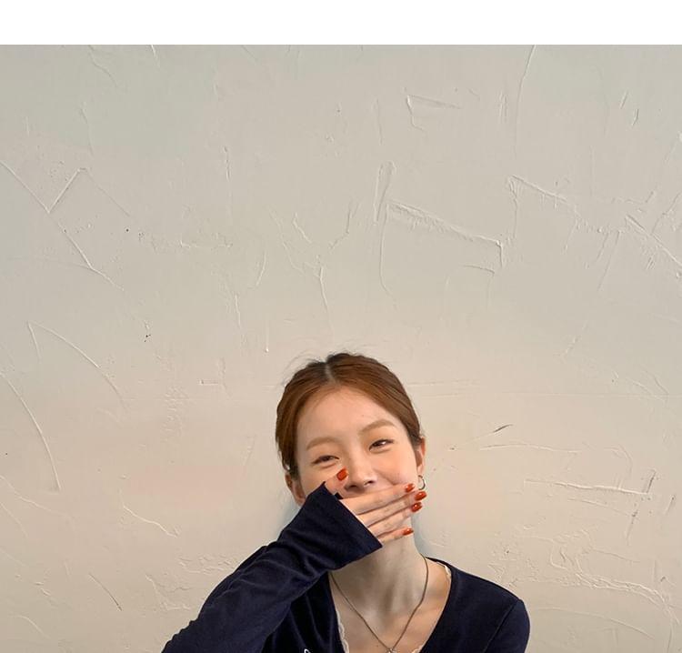 Long Sleeve V-Neck Numbering Lettering Print T-Shirt / Elastic Waist Plain Ruffle Lace Mini Skirt Product Image