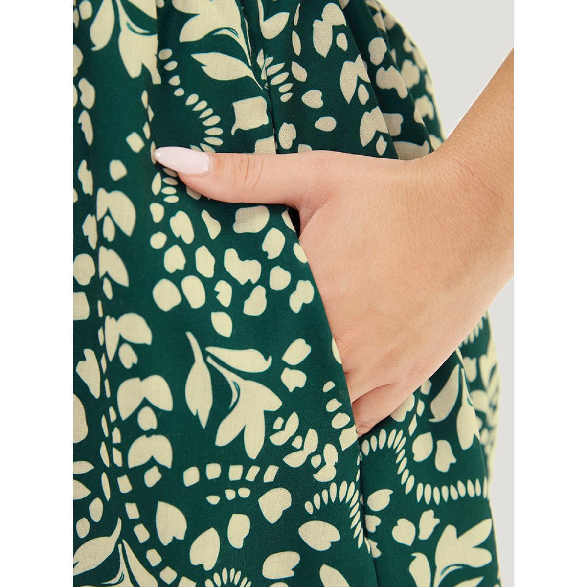 Plus Size Plant & Geometric Batwing Sleeve Pocket Flutter Knot Neck Dress DarkGreen Women Elegant Knotted V-neck Short sleeve Curvy Midi Dress BloomChic 12/L Product Image