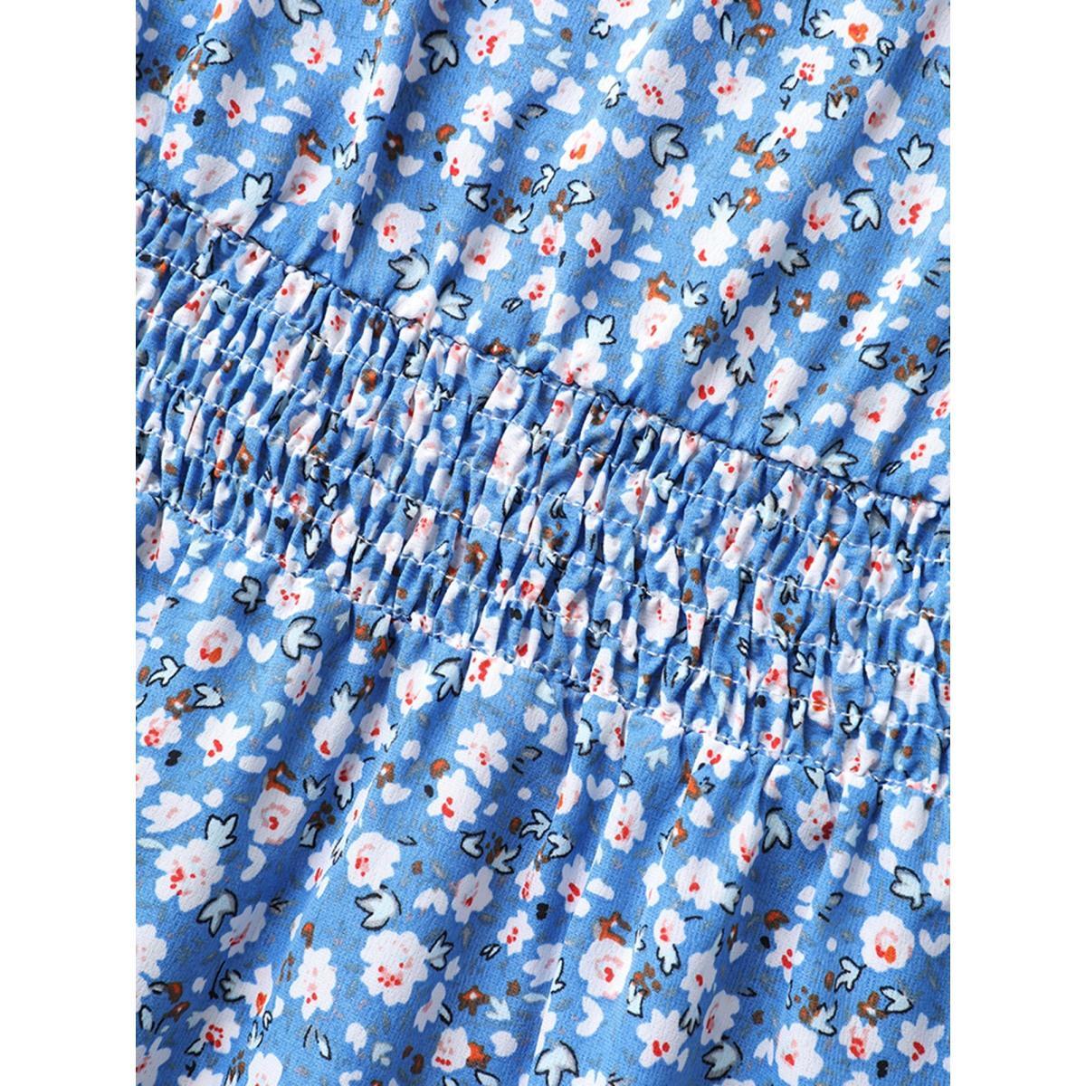 Plus Size Ditsy Floral Print Stretchy Waist Midi Dress Skyblue Women Notched collar Cap Sleeve Curvy BloomChic 10/M Product Image