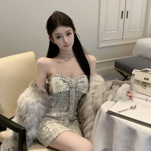Strapless Tweed Bowknot Bodycon Mini Dress Product Image