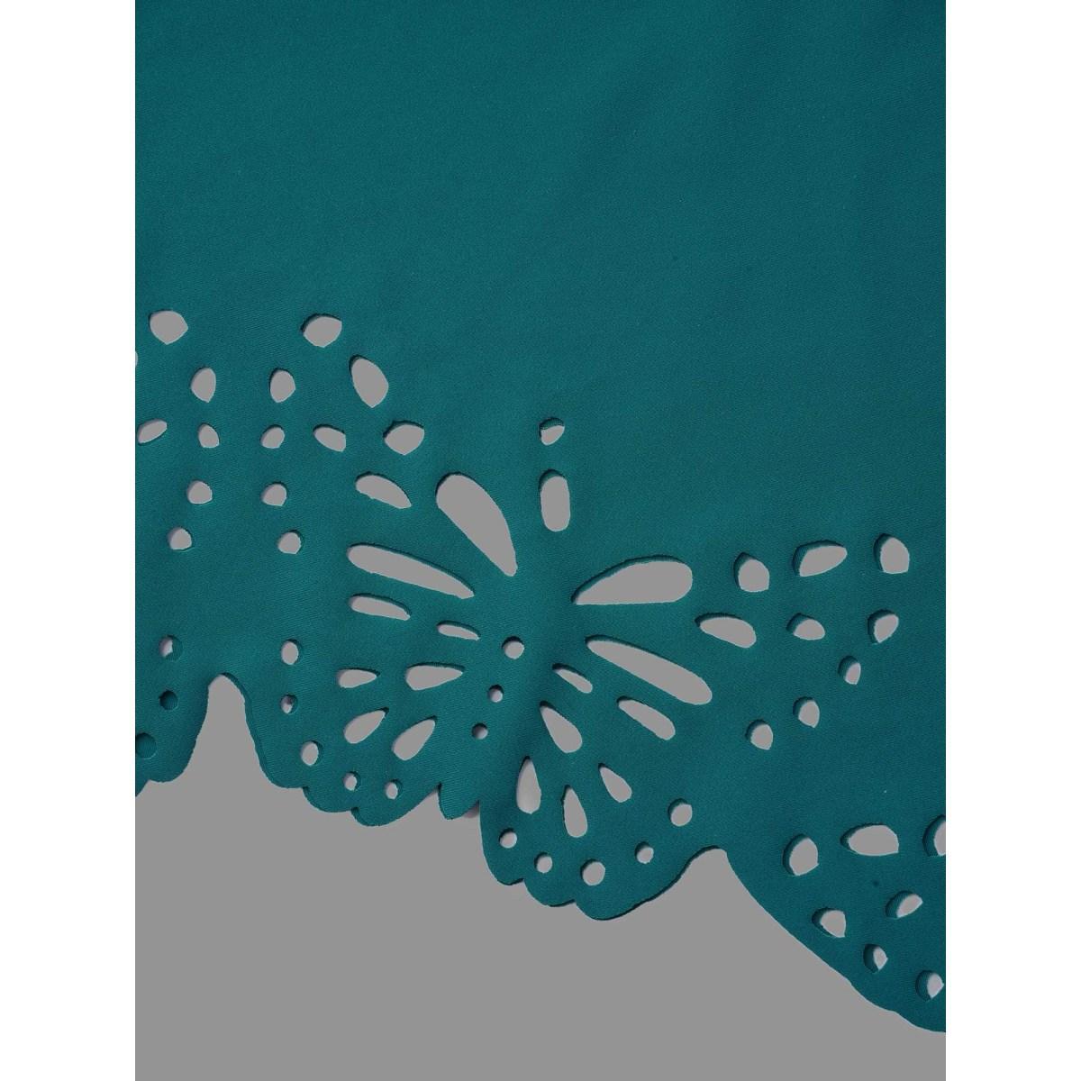 Plus Size Laser Cut Overlap Collar Waist-Cinched Swim Dress Women's Swimwear Cyan Beach Bodycon Overlap Collar High stretch Curve Swim Dresses BloomChic 22-24/3X Product Image