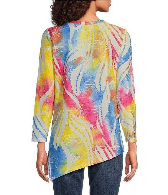 Calessa Petite Size Burnout Tie-Dye Crew Neck 3/4 Sleeve Asymmetric Hem Tunic Product Image