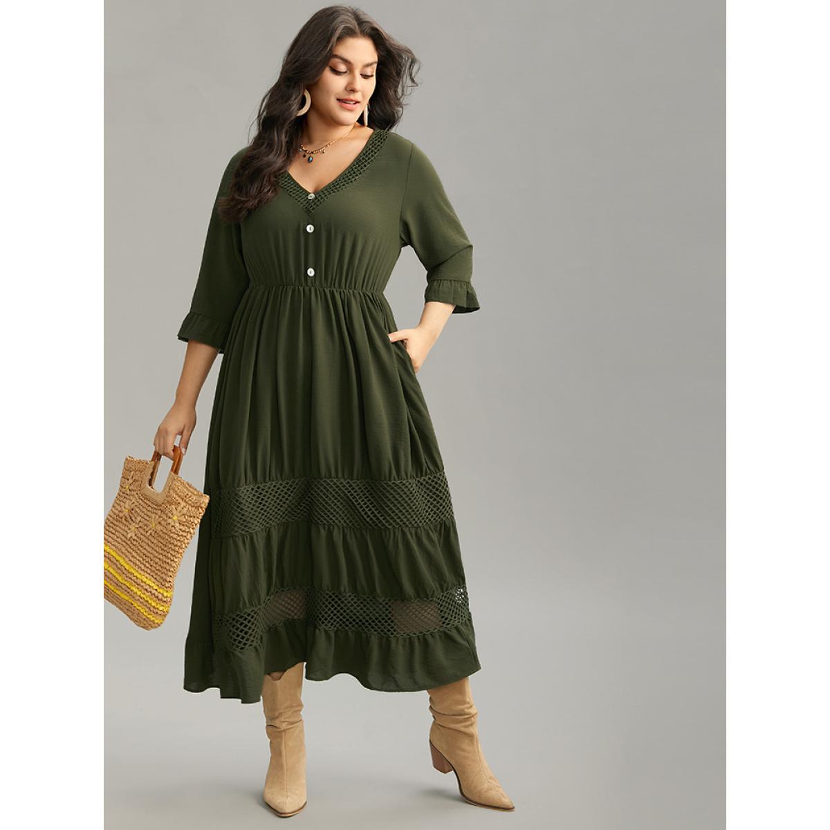 Plus Size Plain Ruffles Patchwork Button Detail Cut Out Dress ArmyGreen Women Vacation Plain V-neck Elbow-length sleeve Curvy Midi Dress BloomChic 14-16/1X Product Image