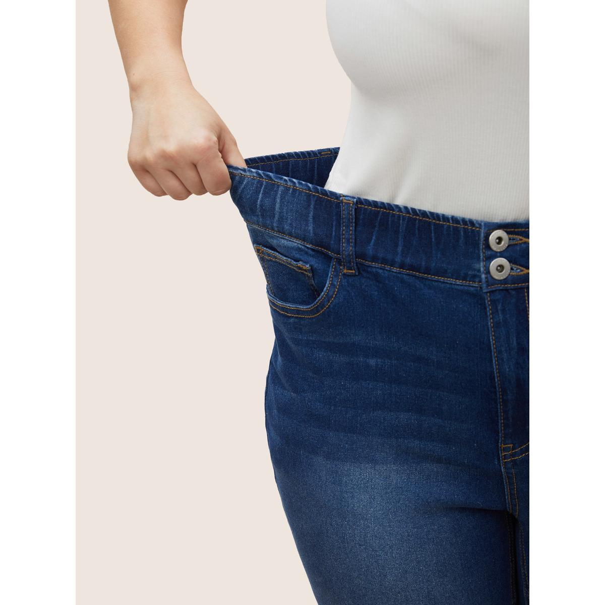Plus Size Dark Wash Elastic Waist Split Side Jeans Women Blue Casual Slit High stretch Slanted pocket Jeans BloomChic 14/1X Product Image