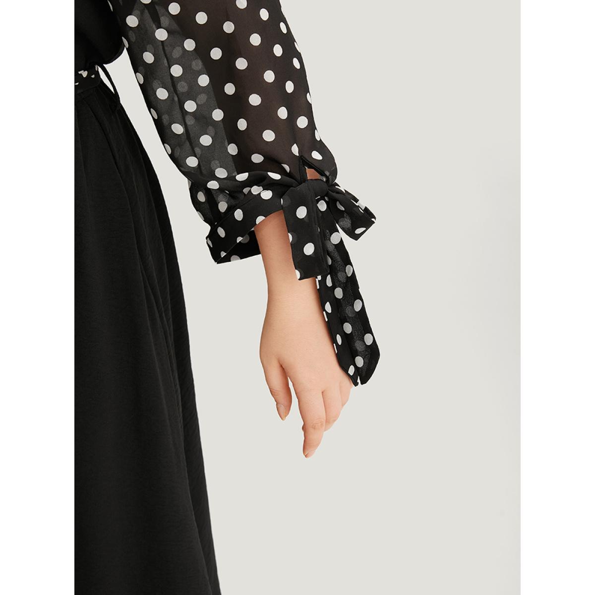 Plus Size Polka Dot Patchwork Mesh Belted Bowknot Dress Black Women Office See through Round Neck Long Sleeve Curvy Midi Dress BloomChic 22-24/3X Product Image