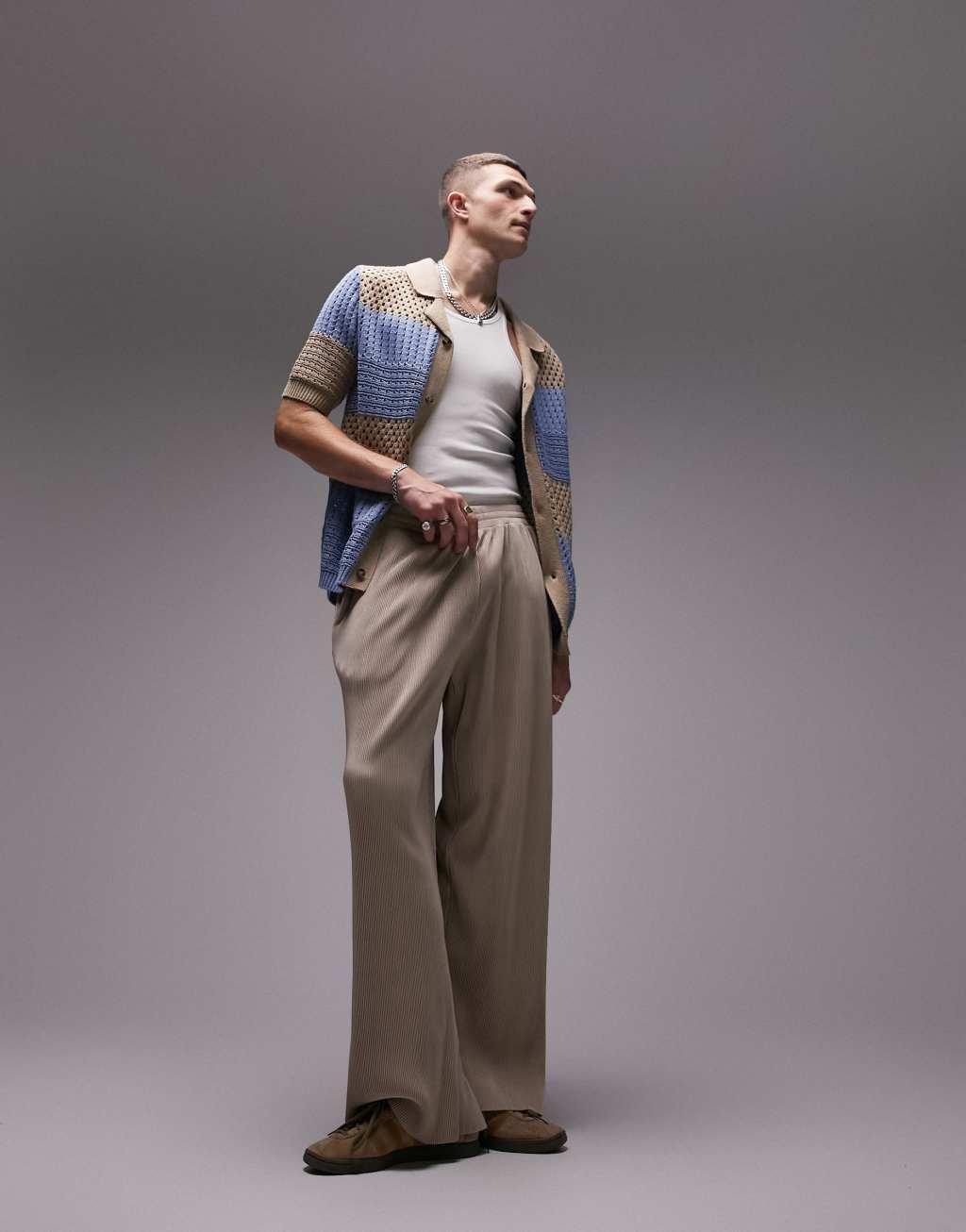 Topman crochet shirt in stone and blue Product Image