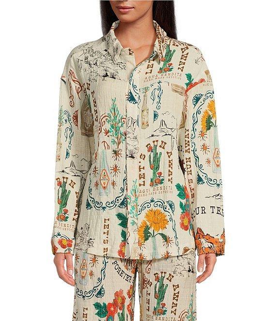 Agua Bendita Keshi Nopal Crinkle Woven Desert Print Collar Long Sleeve Button Front Top Product Image