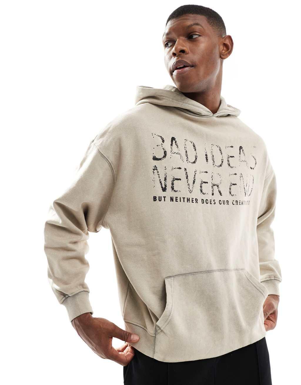 Pull&Bear bad ideas printed hoodie in beige  Product Image