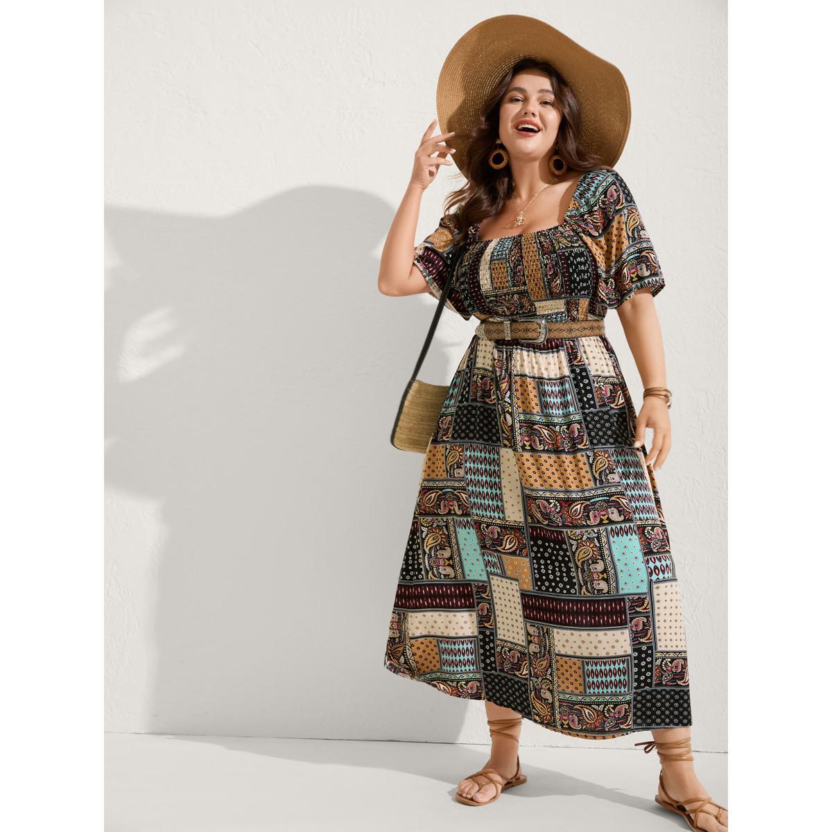 Plus Size Paisley Floral Collage Shirred Pockets Midi Dress Black Women Square Neck Short sleeve Curvy BloomChic 28/5X Product Image
