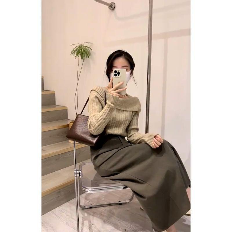 Set: Long-Sleeve Square-Neck Plain Ribbed Knit Top + High Waist Wrap Midi A-Line Skirt Product Image