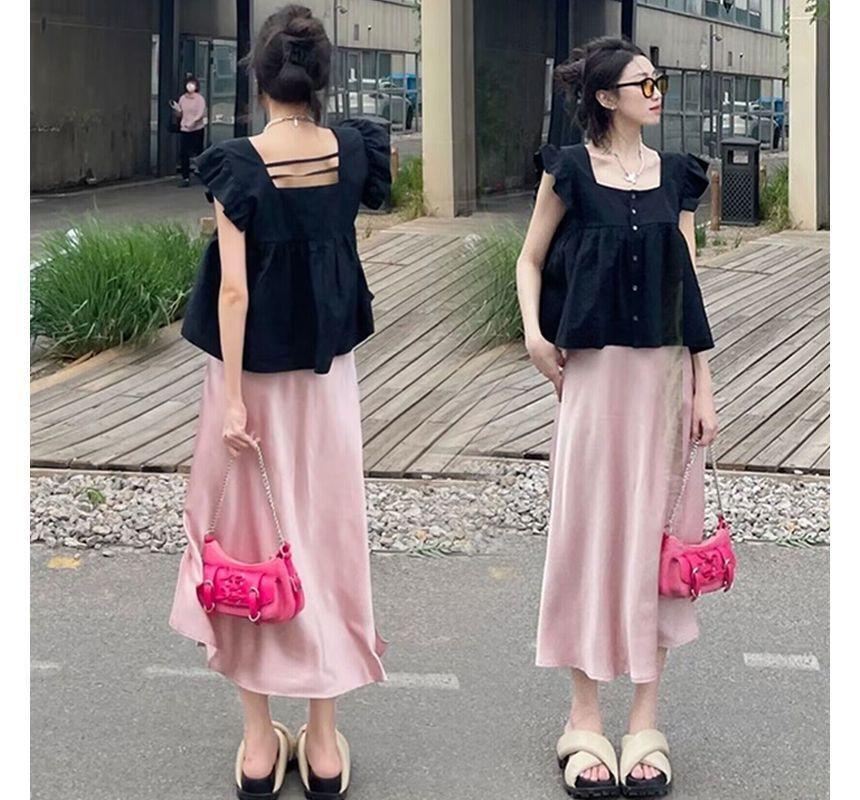 Maternity Cap-Sleeve Square Neck Plain Blouse / High Rise Slit Midi A-Line Skirt / Set Product Image