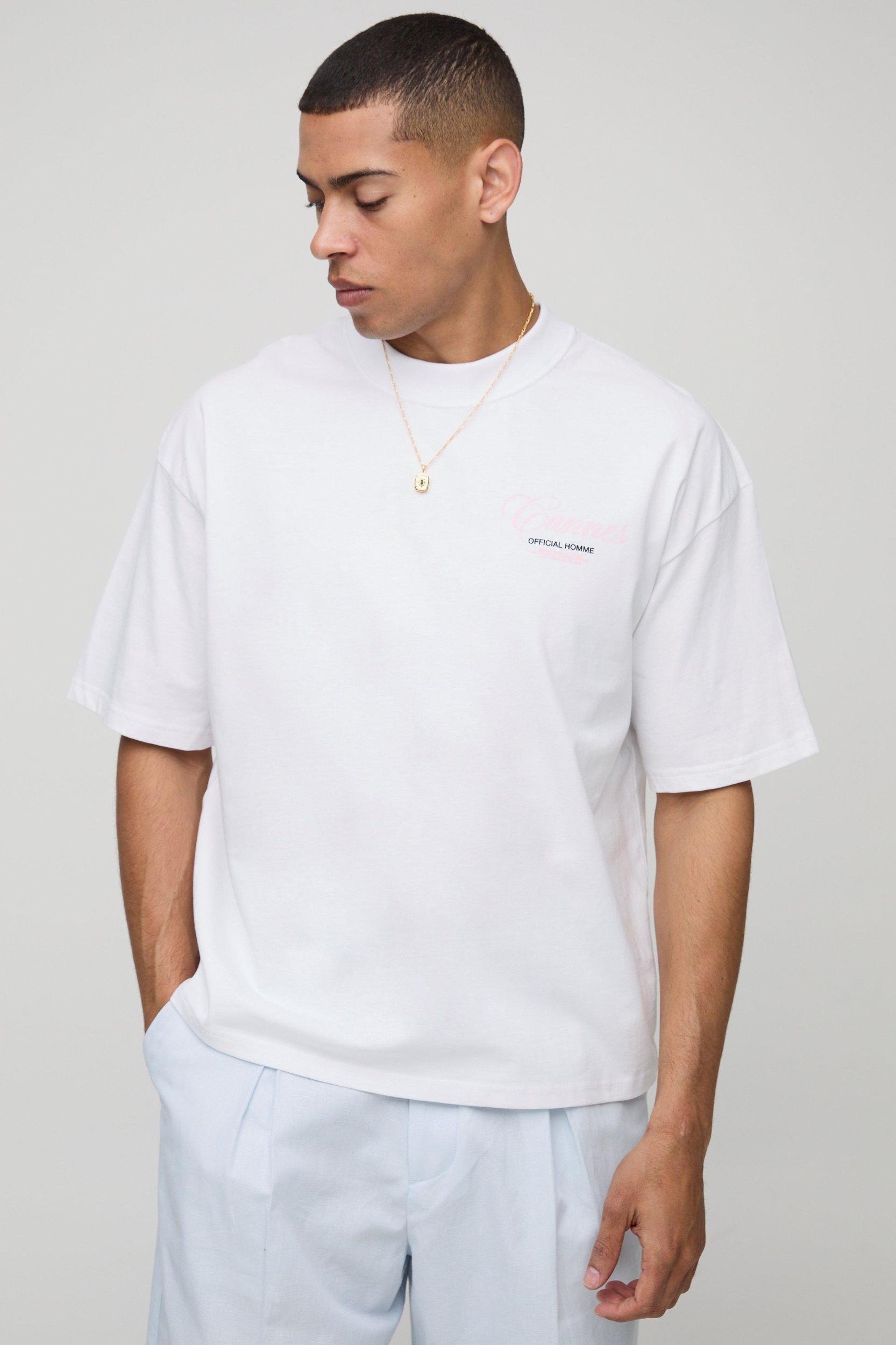 White Oversized Boxy Extended Neck Official Homme Palm T-Shirt | boohooMAN USA Product Image