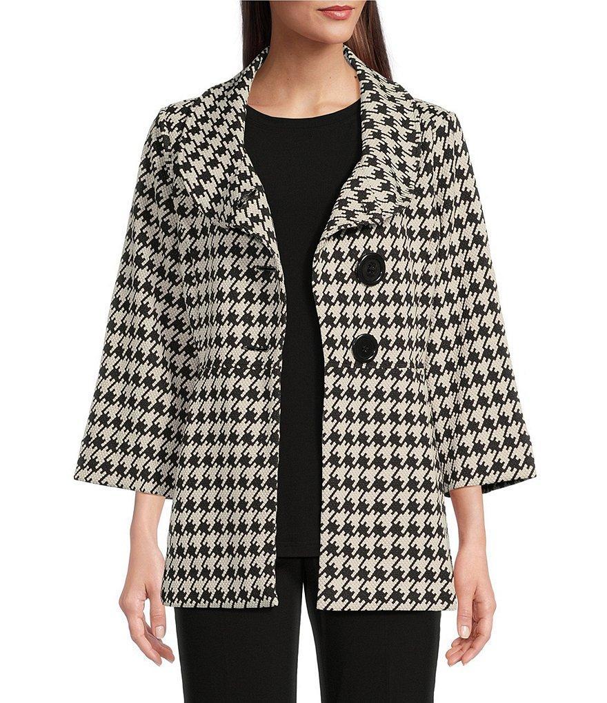 Ali Miles Stretch Jacquard Houndstooth Collared 3/4 Sleeve Button Up Jacket Product Image