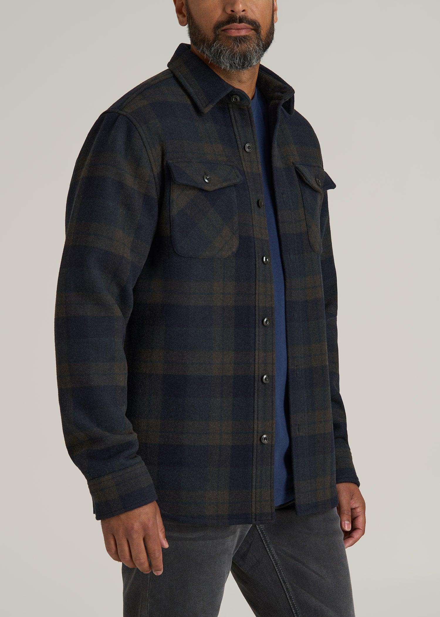 LJ&S Wool Blend Tall Men's Shirt Jacket in Green and Navy Plaid Product Image