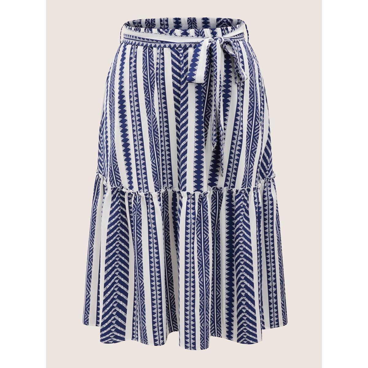 Plus Size Bandana Geometric Belted Patchwork Ruffle Hem Skirt Women Indigo Resort Non No stretch Slanted pocket Belt Vacation Skirts BloomChic 10/M Product Image