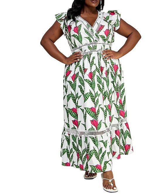 Layered With Love Plus Size V Neck Flutter Sleeve Lace Trim Fit and Flare Maxi Dress Product Image