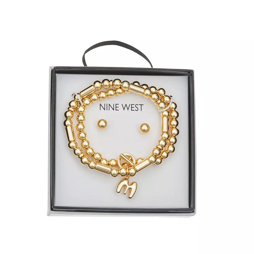 Nine West Gold Tone Initial Bracelet & Stud Earring Set, Womens, Gold Tone M Product Image