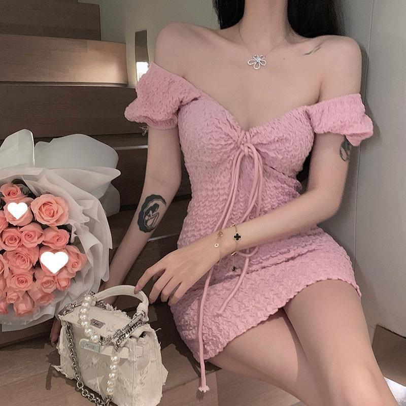 Short Sleeve V-Neck Plain Tie Front Mini Sheath Dress Product Image