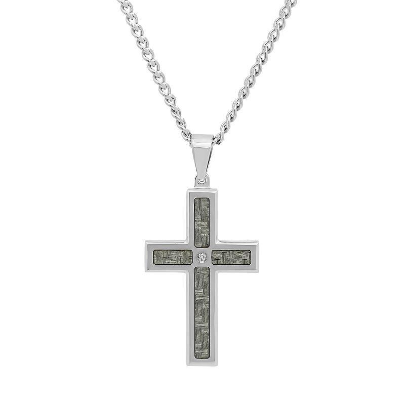 Diamond Accent Stainless Steel & Carbon Fiber Cross Pendant Necklace - Men, Men's, Size: 24", Grey Product Image
