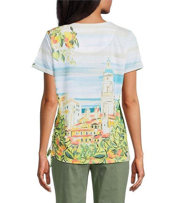 Allison Daley Tuscan Village Print Short Sleeve Side Ruched Knit Top Product Image