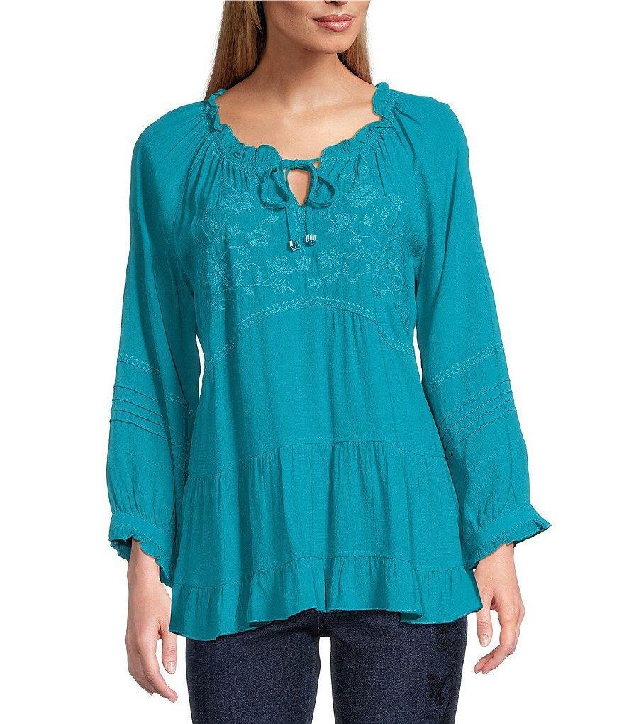 John Mark Embroidered Round Neck 3/4 Sleeve Tiered Top Product Image
