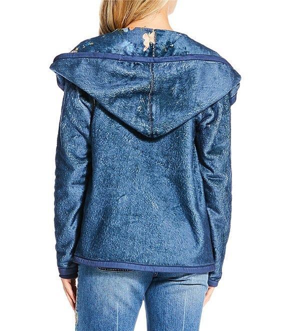 JOHNNY WAS Joan Reversible Print To Solid Sherpa Knit Shawl Collar Long Sleeve Open-Front Hooded Jacket Product Image
