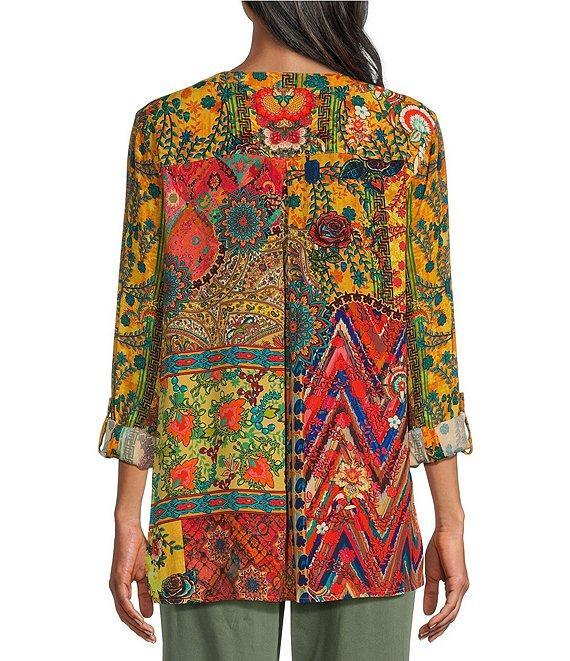 John Mark Floral Printed Y-Neck 3/4 Roll-Tab Sleeve Tunic Top Product Image