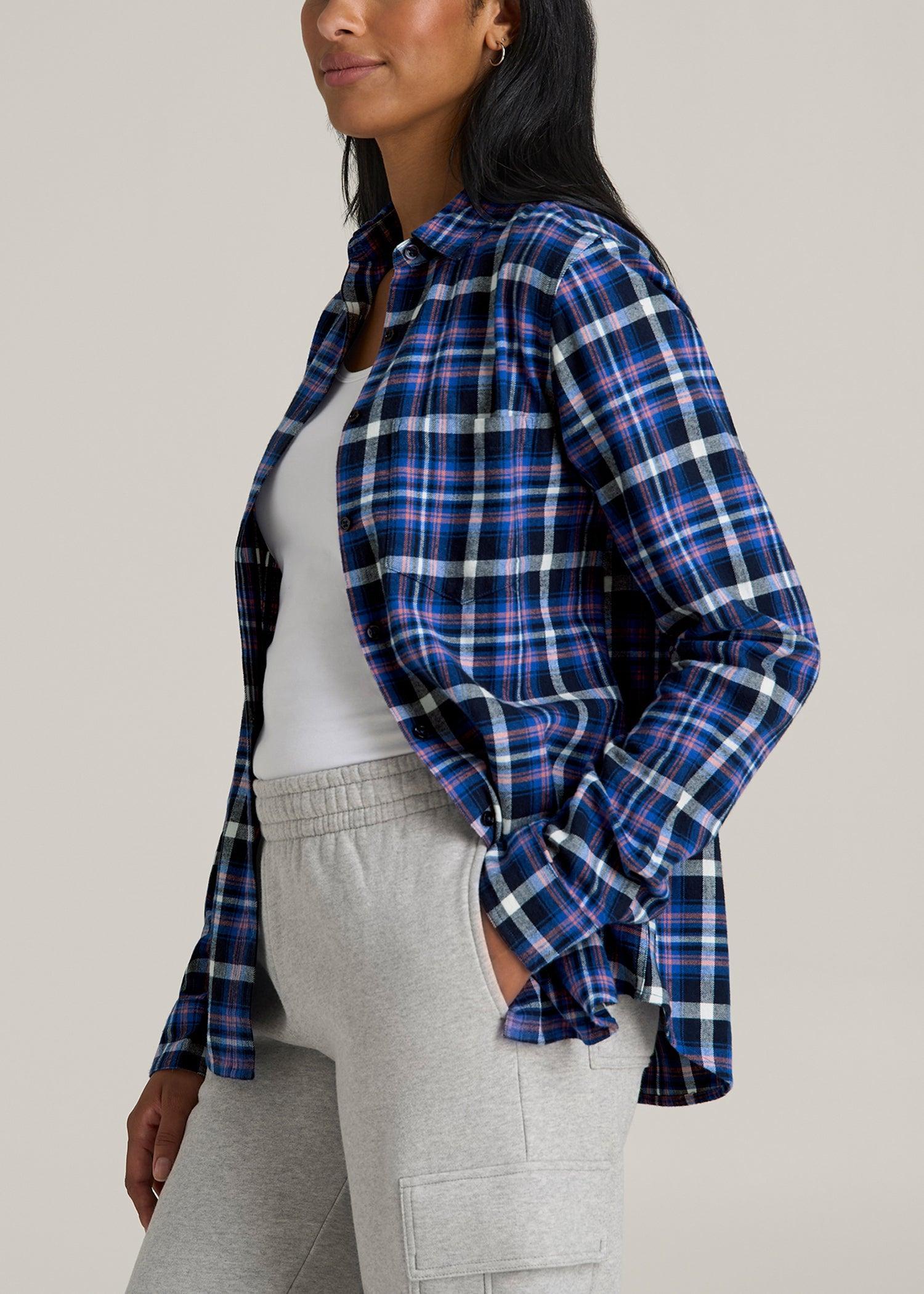 Flannel Button-Up Shirt for Tall Women in Cobalt, Navy, and Peach Plaid Product Image