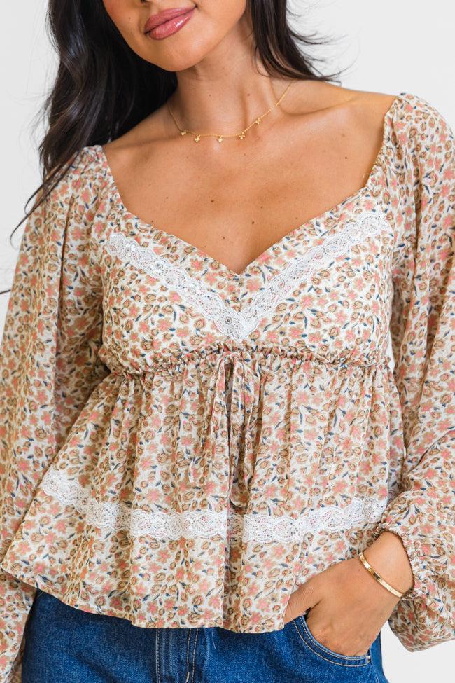 In My Dreams Ivory and Brown Lace Trim Floral Blouse FINAL SALE Product Image