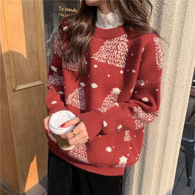 Long-Sleeve Round Neck Christmas Tree Print Sweater Product Image