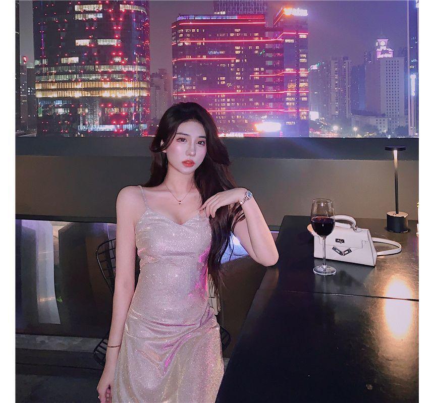 Spaghetti Strap Sequin Midi A-Line Dress Product Image